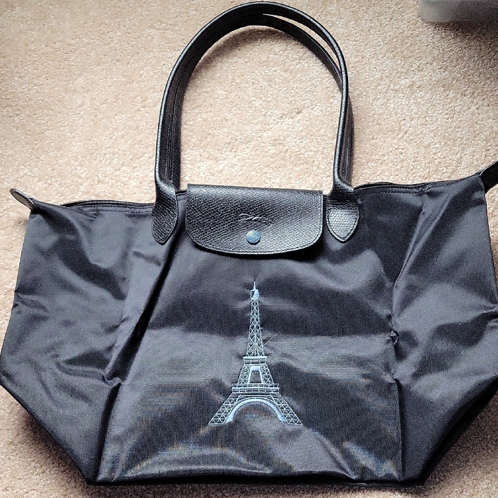 Longchamp Le Pliage Special Edition w/blue Eiffel Tower Embroidery